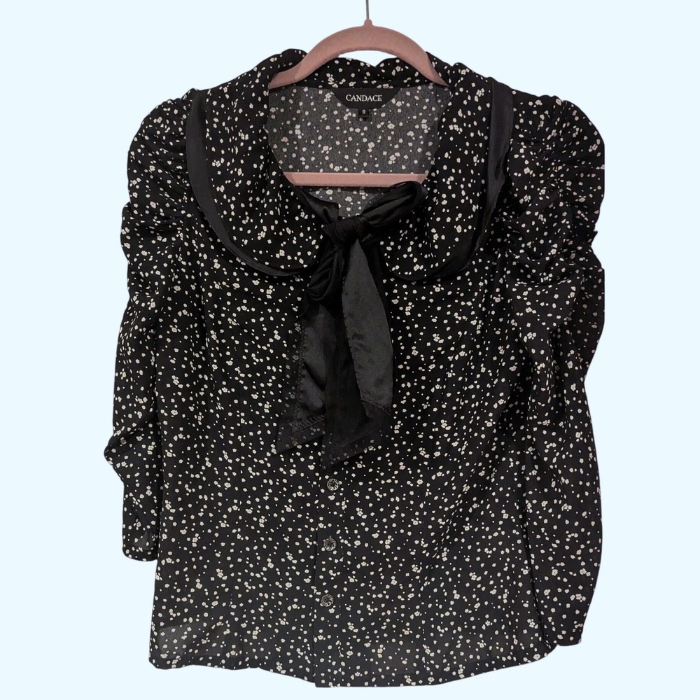 Candace Polka Dot Blouse 9 Black Peter Pan Collar Bow Puff Sleeve Cottagecore